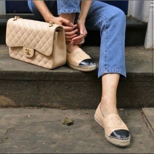 CHANEL Beige and Black Leather Espadrilles